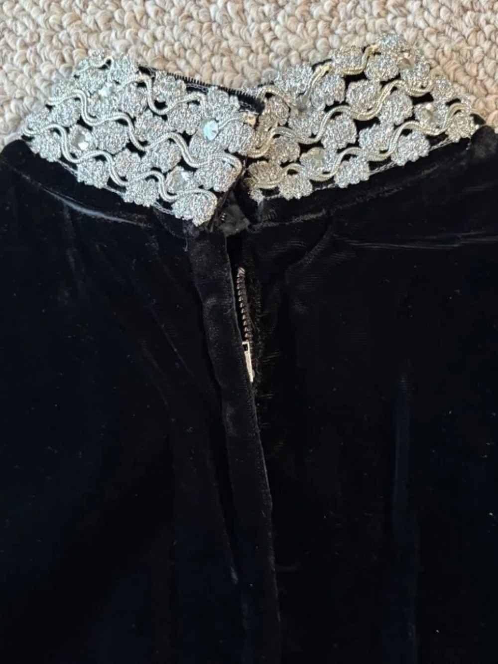 Vintage 70s Black Velvet Column Dress Silver Beaded Mod Evening Gown Glam Chic - Picture 10 of 14